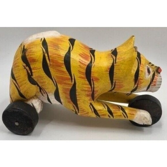 Vintage Wood Yellow Striped Cat Wheels Carved Wooden Folk Art Hand Painted Tiger - Picture 1 of 4